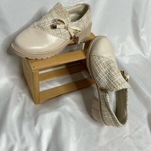 DG Tweed Patch Bowknot Chunky Heel Short Boot Women’s Ivory